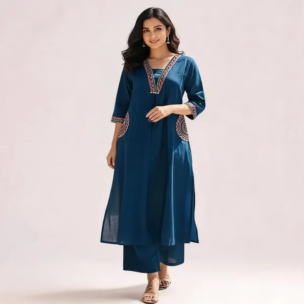 Blue_Embroidery_Straight_Kurta_Set_For_Women