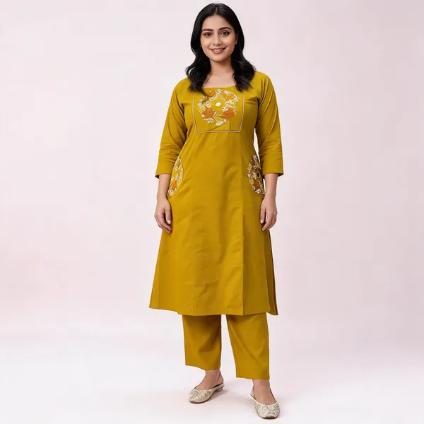 Mustard_Embroidered_Straight_Kurta_Set_For_Women
