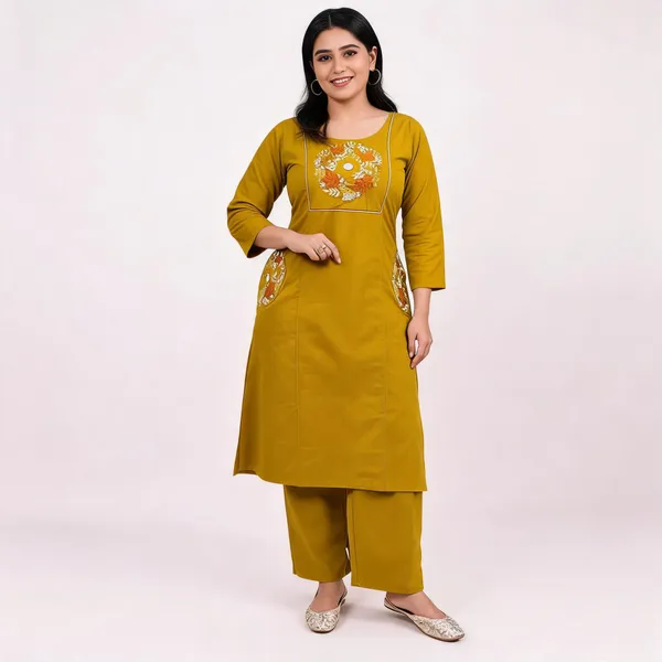 Mustard_Embroidered_Straight_Kurta_Set_For_Women