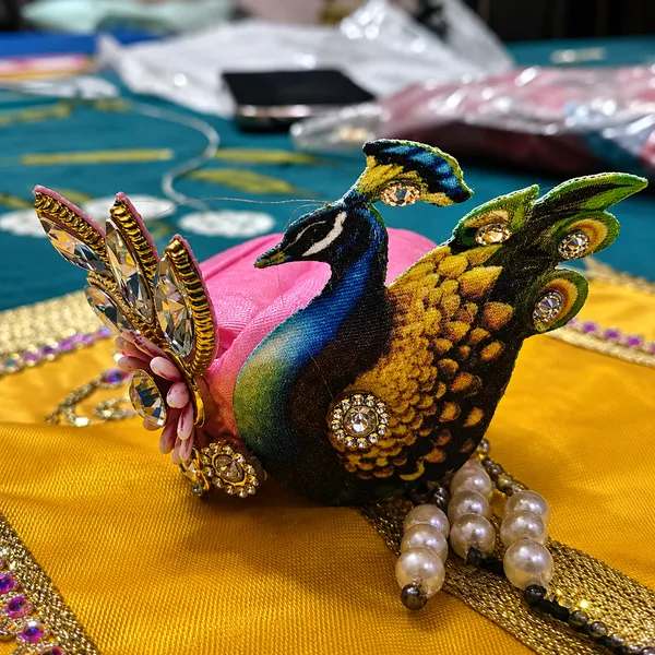Multicolour_Furr_fabric_Peacock_Embellished_Laddu_Gopal_Dress_Set