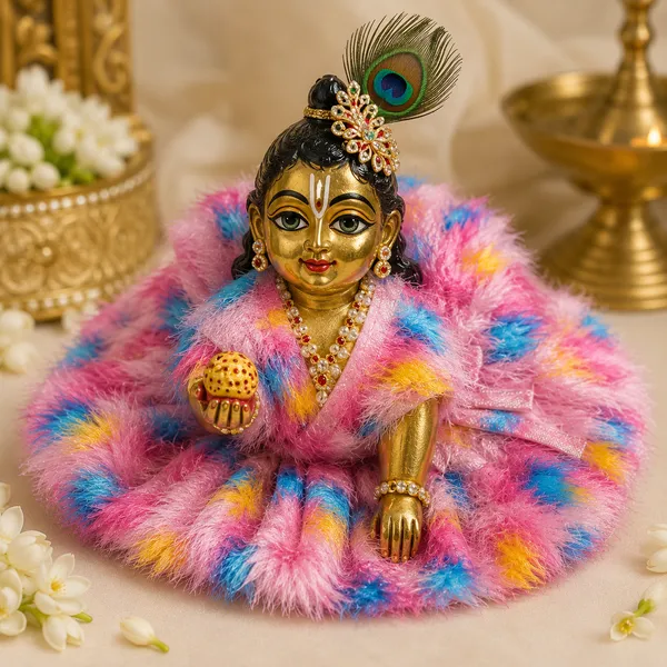 Multicolour_Furr_fabric_Peacock_Embellished_Laddu_Gopal_Dress_Set