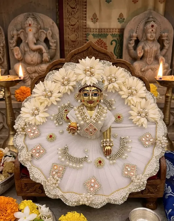 White_Silk_Net_Ladoo_Gopal_Dress_Set_with_Floral_Beads_and_Pearls