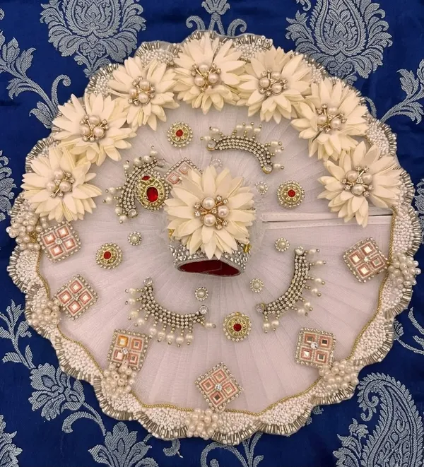 White_Silk_Net_Ladoo_Gopal_Dress_Set_with_Floral_Beads_and_Pearls
