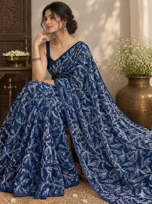 Elegant_Royal_Blue_Hand_Embroidered_Chikankari_Saree