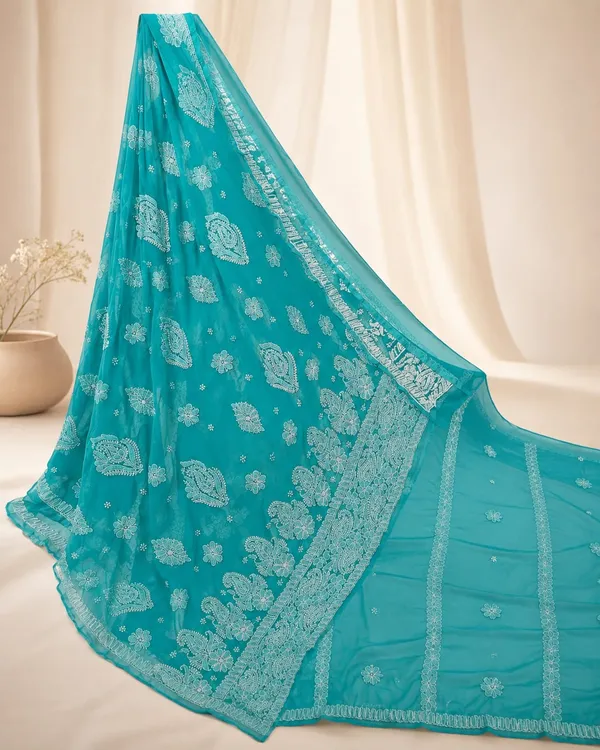 Premium_Teal_Full_Hand_Embroidery_Chikan_Saree