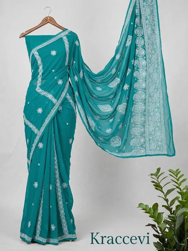 Premium_Teal_Full_Hand_Embroidery_Chikan_Saree