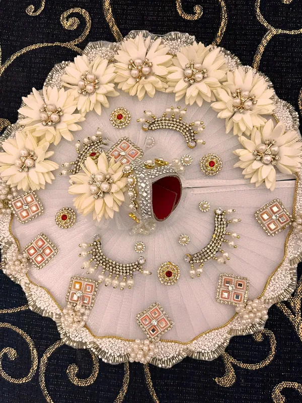 White_Silk_Net_Ladoo_Gopal_Dress_Set_with_Floral_Beads_and_Pearls