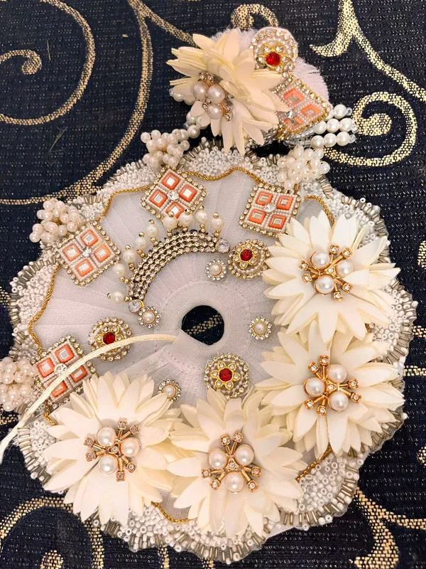 White_Silk_Net_Ladoo_Gopal_Dress_Set_with_Floral_Beads_and_Pearls