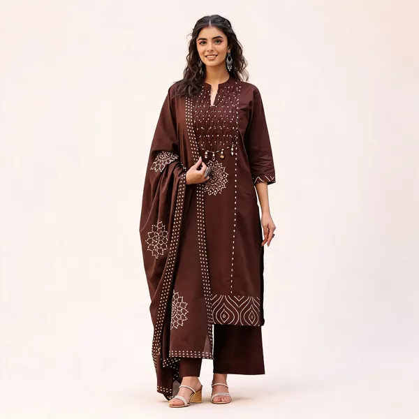 Brown_Embellished_Straight_Kurta_Set_For_Women