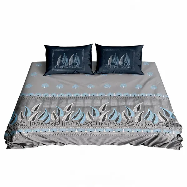 Cotton_Kalamkari_Grey_Navy_Floral_Print_King_Size_Bedsheet_Set