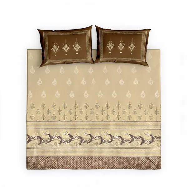 Cotton_Kalamkari_Beige_Brown_Leaf_Print_King_Size_Bedsheet_Set