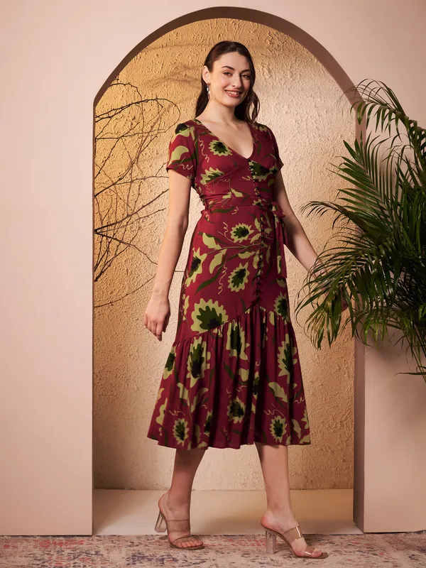 Maroon_Floral_Print_Tie_Waist_Midi_Dress_For_Women