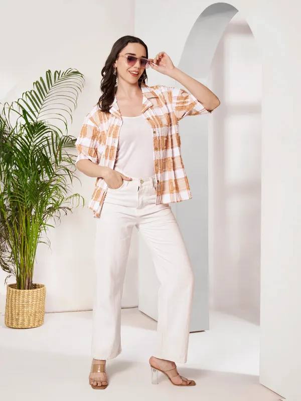White_Orange_Check_Relaxed_Fit_Overshirt_For_Women
