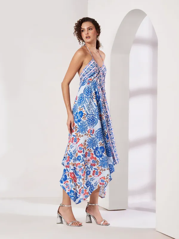 White_Floral_Print_Asymmetric_Midi_Dress_For_Women
