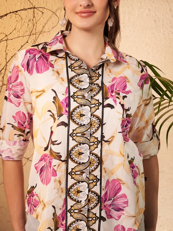 Cream_Floral_Print_Relaxed_Fit_Shirt_For_Women