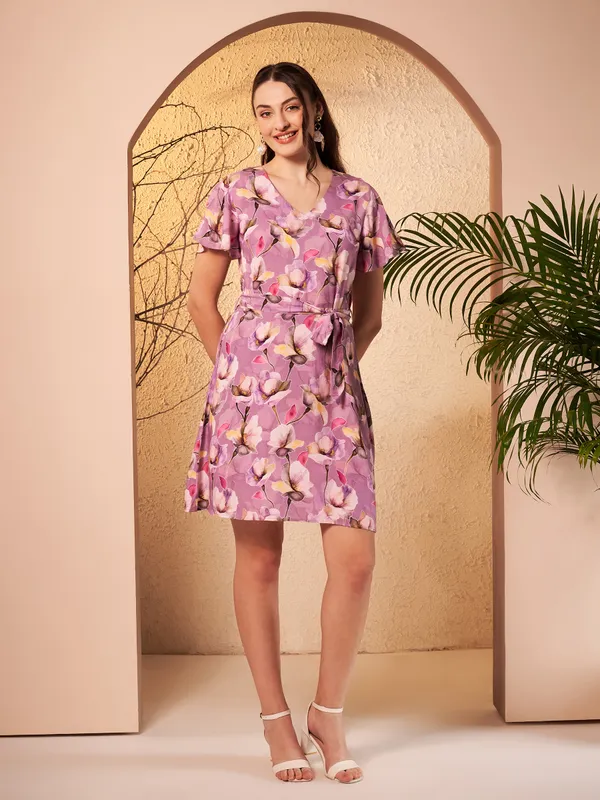 Purple_Floral_Print_Tie_Waist_Dress_For_Women