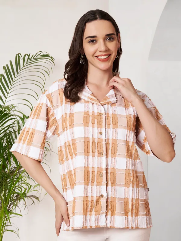 White_Orange_Check_Relaxed_Fit_Overshirt_For_Women