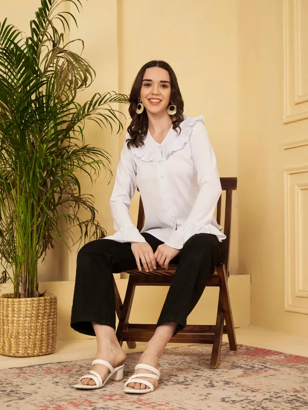 White_Ruffle_Long_Sleeve_Top_For_Women