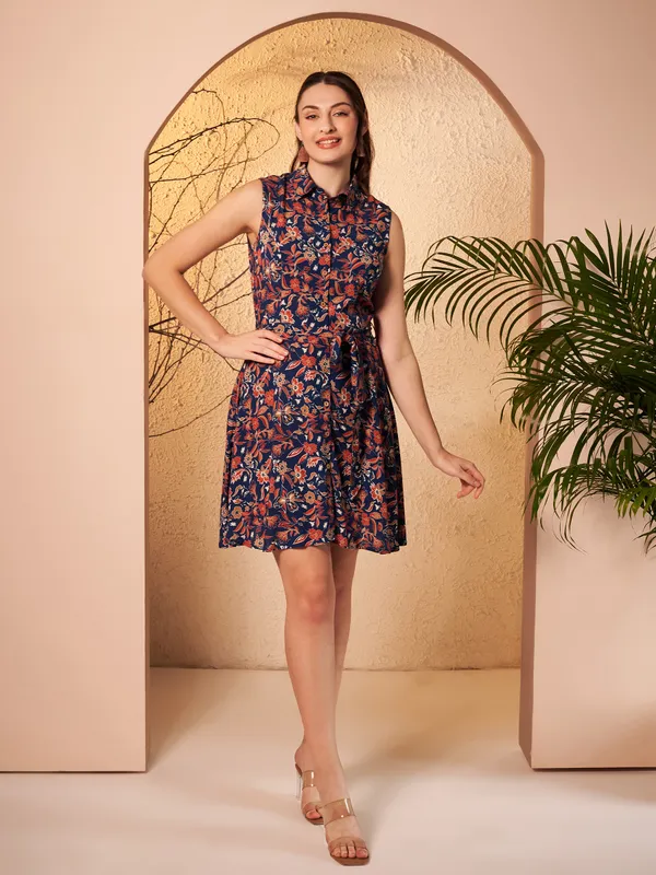 Navy_Floral_Print_Sleeveless_Shirt_Dress_For_Women