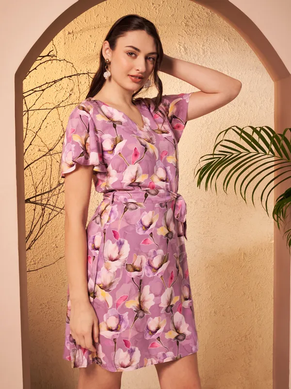 Purple_Floral_Print_Tie_Waist_Dress_For_Women