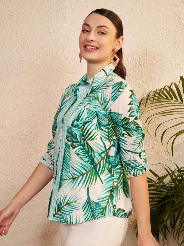 White_Green_Tropical_Print_Collared_Shirt_For_Women