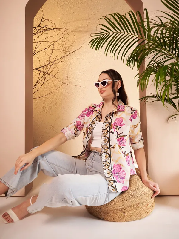 Cream_Floral_Print_Relaxed_Fit_Shirt_For_Women