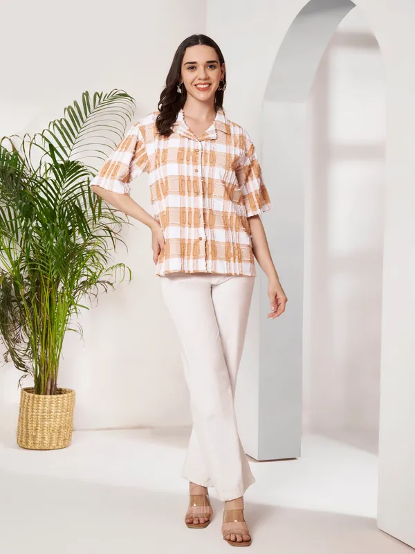 White_Orange_Check_Relaxed_Fit_Overshirt_For_Women