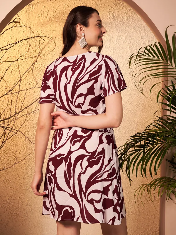 Burgundy_Abstract_Print_Fit_And_Flare_Dress_For_Women