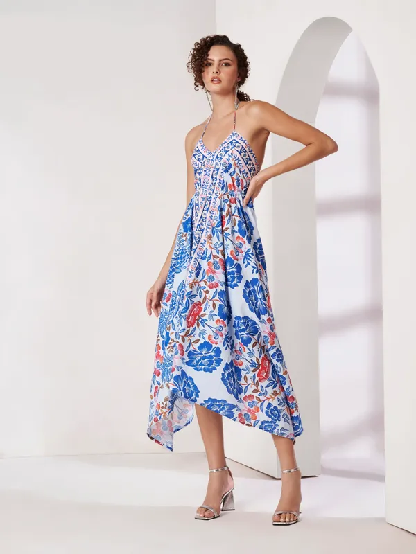 White_Floral_Print_Asymmetric_Midi_Dress_For_Women