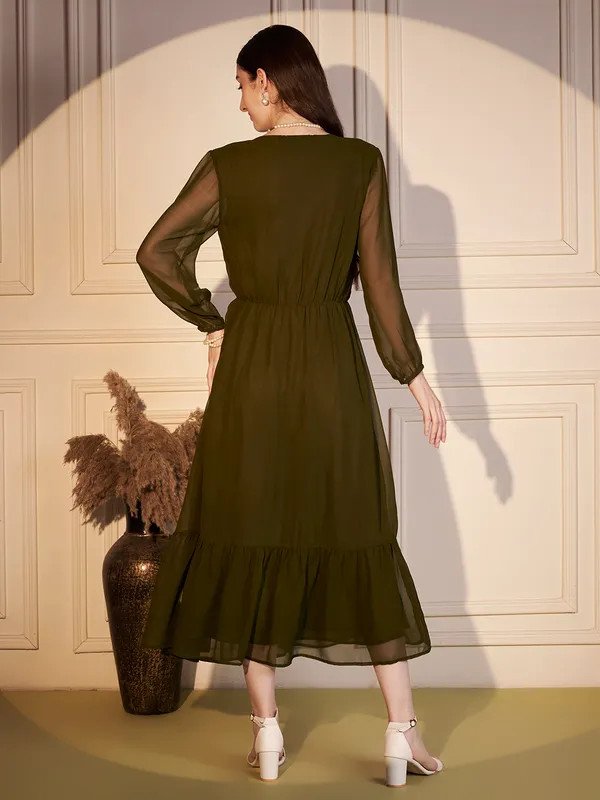 Olive_Sheer_Sleeve_Tiered_Midi_Dress_For_Women