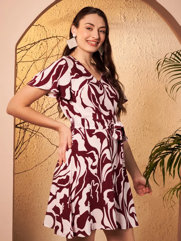 Burgundy_Abstract_Print_Fit_And_Flare_Dress_For_Women