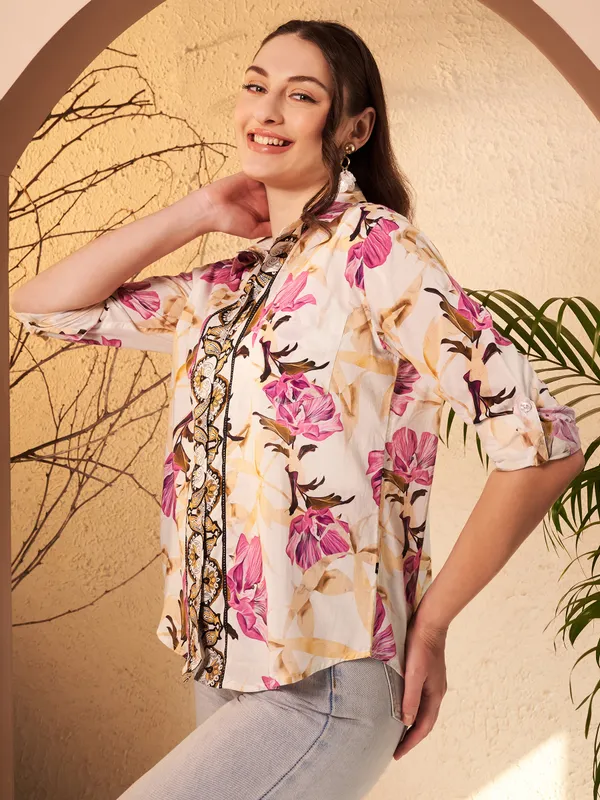 Cream_Floral_Print_Relaxed_Fit_Shirt_For_Women