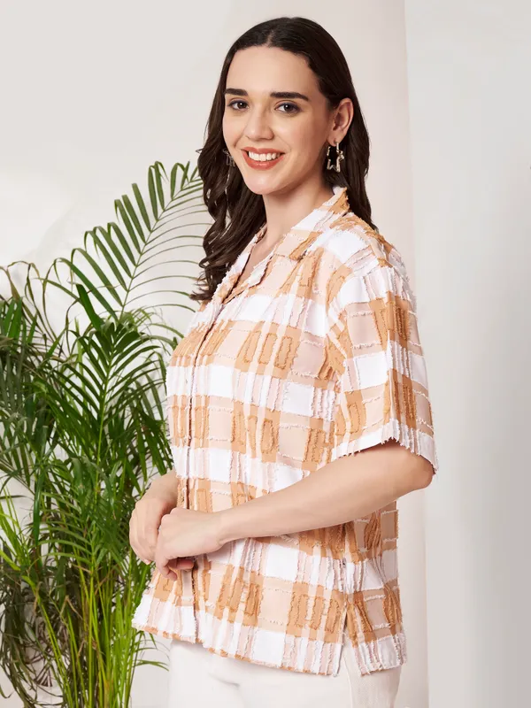 White_Orange_Check_Relaxed_Fit_Overshirt_For_Women