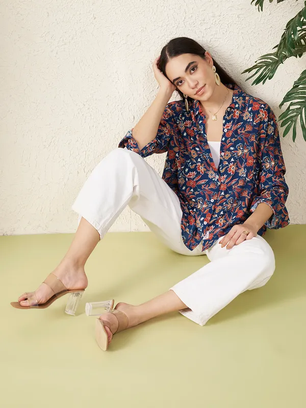 Blue_Floral_Print_Button_Down_Shirt_For_Women