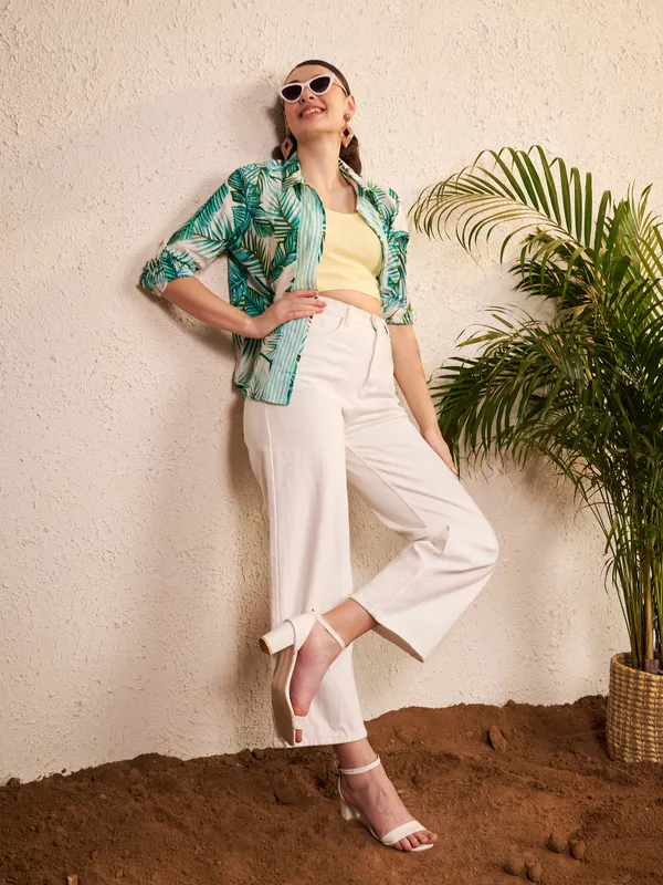 White_Green_Tropical_Print_Collared_Shirt_For_Women