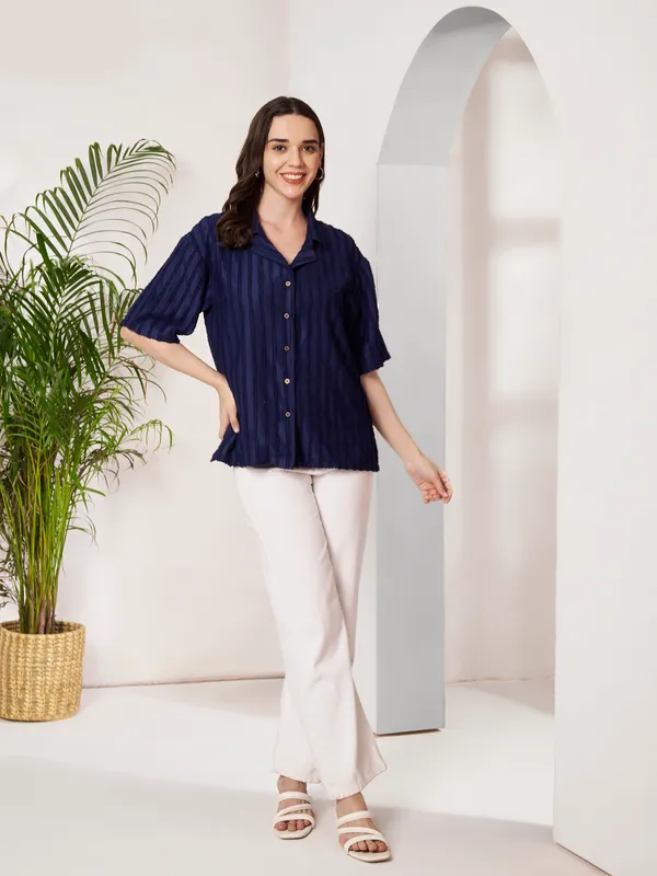 Navy_Relaxed_Fit_Button-Down_Shirt_For_Women