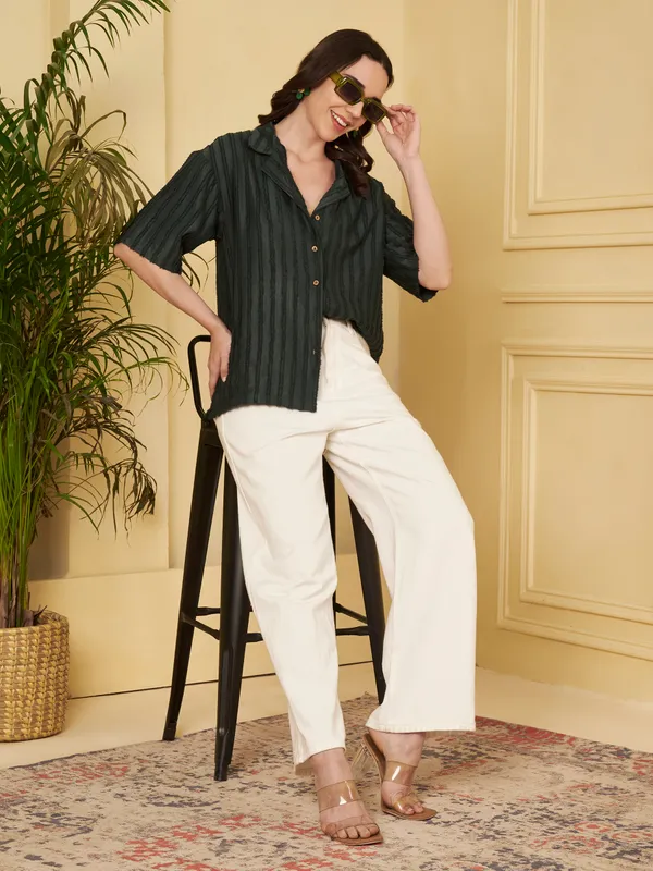 Dark_Green_Textured_Relaxed_Fit_Top_For_Women