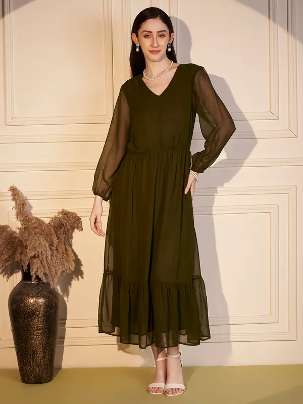 Olive_Sheer_Sleeve_Tiered_Midi_Dress_For_Women