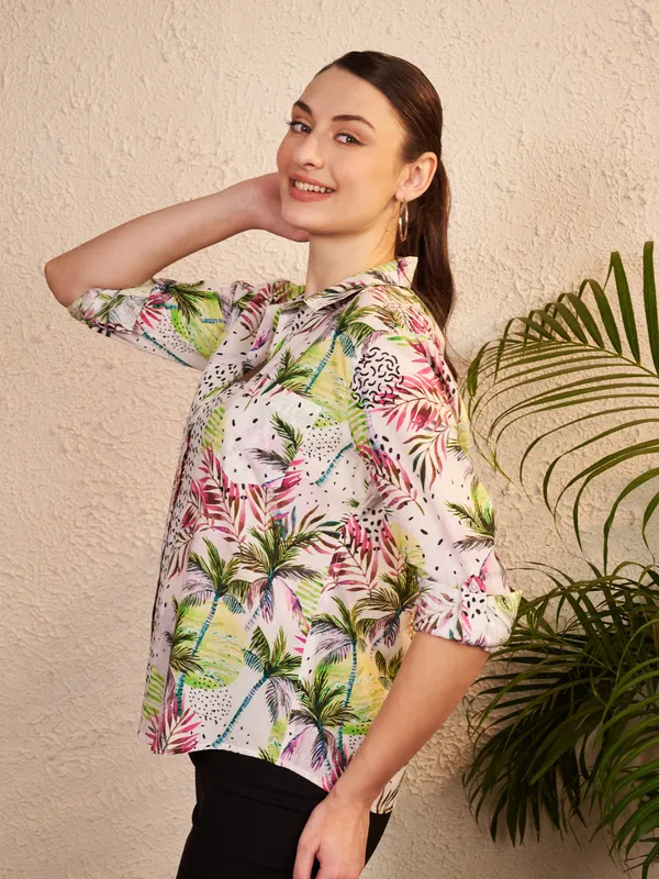 White_Multicolor_Printed_Shirt_For_Women