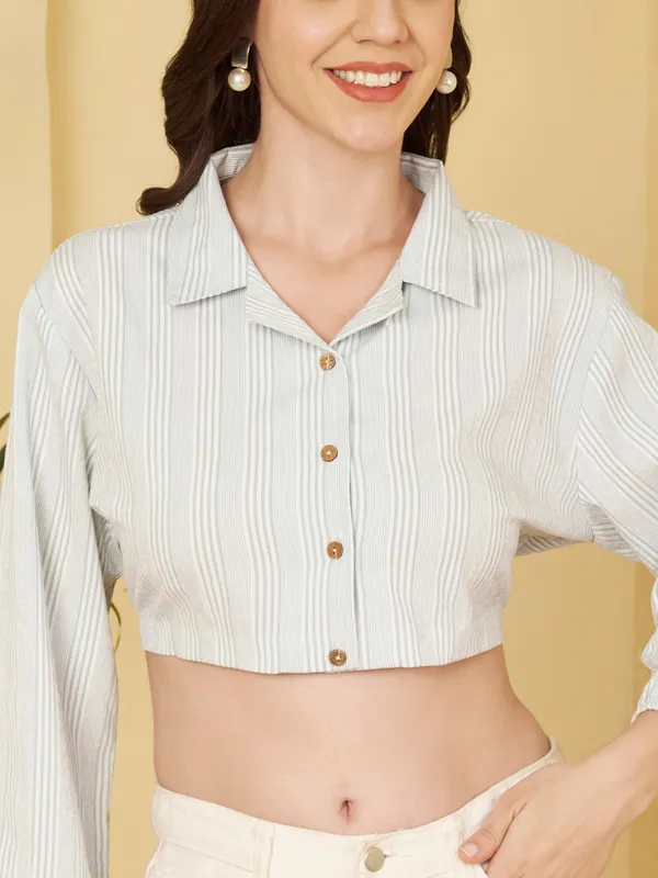 White_Striped_Cropped_Shirt_For_Women