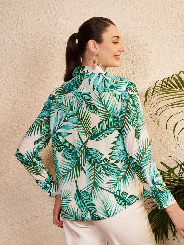 White_Green_Tropical_Print_Collared_Shirt_For_Women