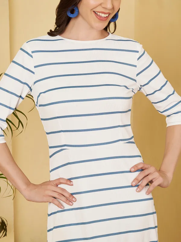 White_Striped_Three_Quarter_Sleeve_Dress_For_Women
