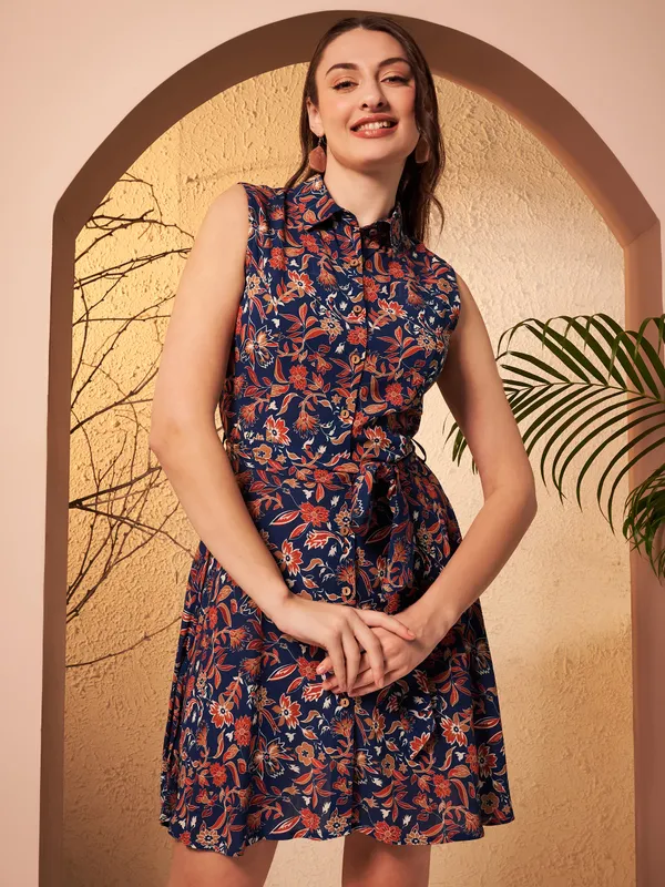 Navy_Floral_Print_Sleeveless_Shirt_Dress_For_Women