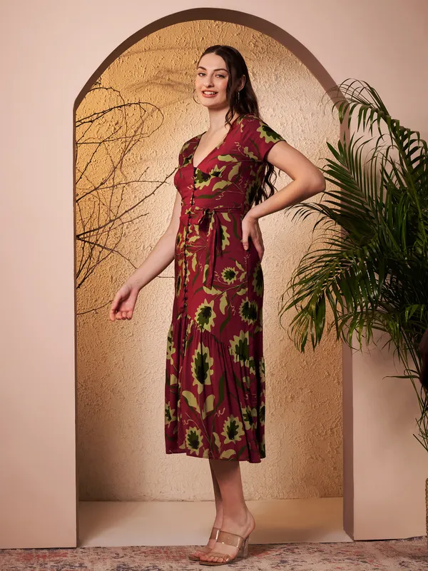 Maroon_Floral_Print_Tie_Waist_Midi_Dress_For_Women