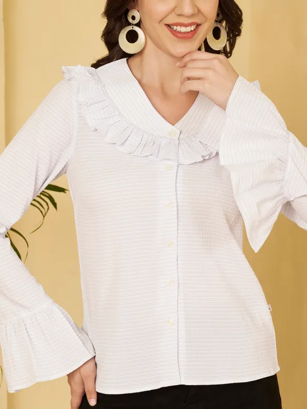 White_Ruffle_Long_Sleeve_Top_For_Women