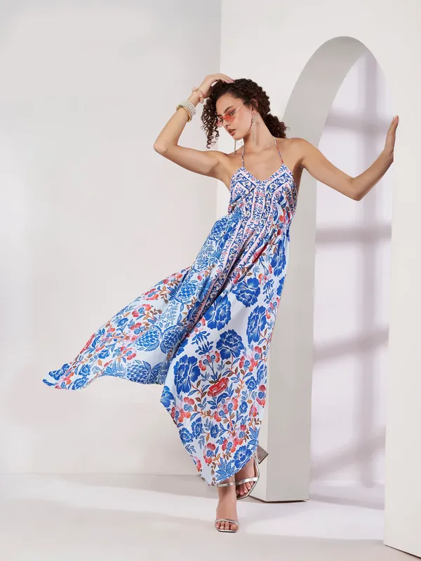 White_Floral_Print_Asymmetric_Midi_Dress_For_Women