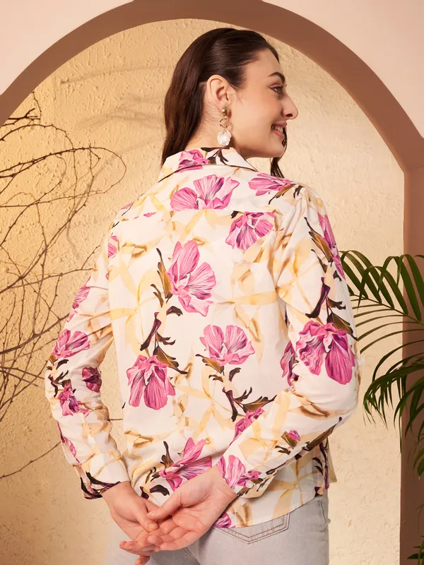 Cream_Floral_Print_Relaxed_Fit_Shirt_For_Women