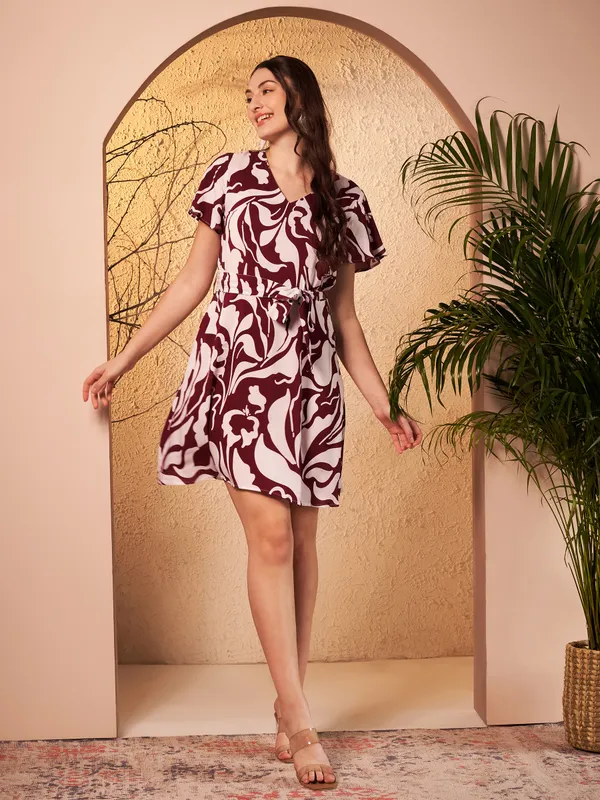 Burgundy_Abstract_Print_Fit_And_Flare_Dress_For_Women