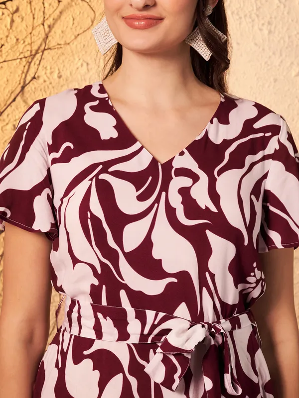 Burgundy_Abstract_Print_Fit_And_Flare_Dress_For_Women