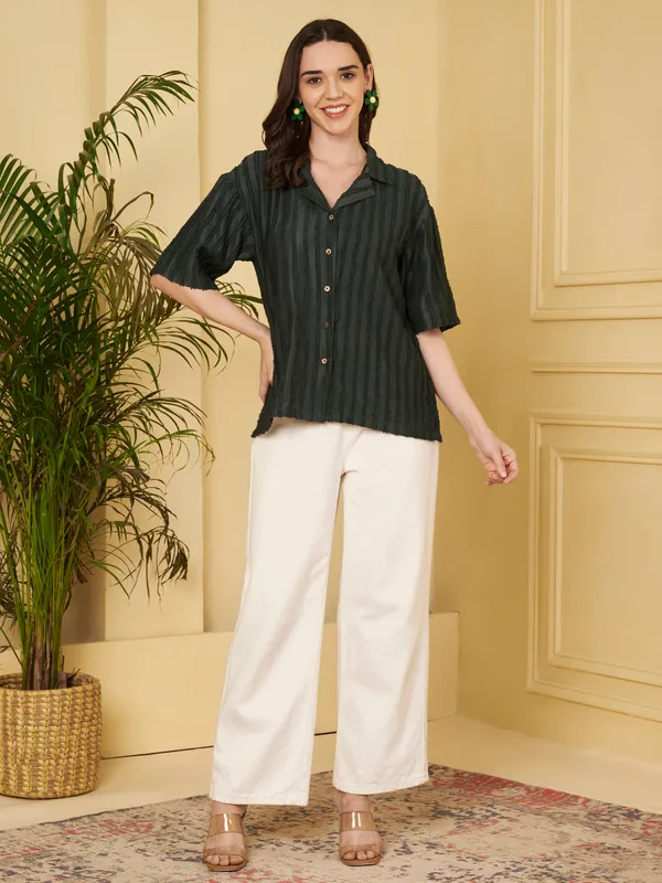Dark_Green_Textured_Relaxed_Fit_Top_For_Women